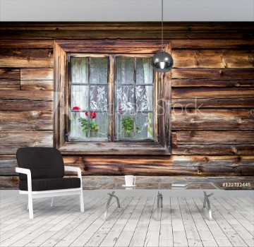 Picture of The old window of old wooden house Background of wooden walls